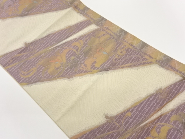 JAPANESE KIMONO / NAGOYA OBI / SILK / CHIKUZEN HAKATA / ABSTRACT STRIPE & FLORAL ARABESQUE